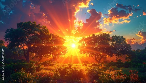 A vibrant sunset radiates light from the center, illuminating trees, flowers, and a grassy meadow. The sky shows dynamic cloud formations