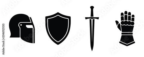 Cuadro en lienzo Medieval armor set — helmet, shield, sword, gauntlet icon Silhouette Vector blac