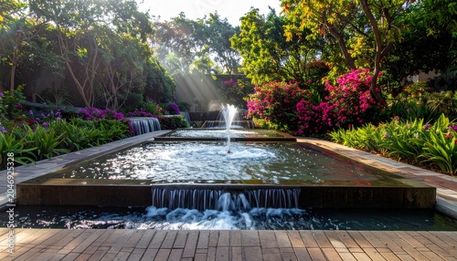 Garden fountain at sunset.