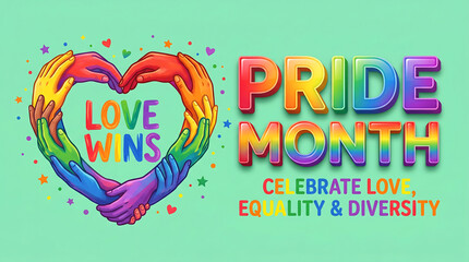 Pride Month celebration, LGBTQ+ rainbow heart, love wins, equality diversity poster