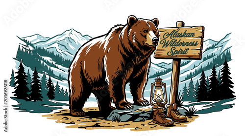Slika na platnu Rugged vintage grizzly bear standing by Alaskan wilderness sign with hiking boot