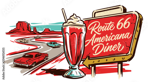 Retro Americana strawberry milkshake with Route 66 diner sign and classic cars in desert landscape, vintage graphic illustration for t-shirt design.