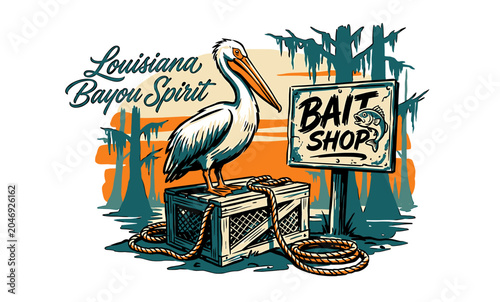 Vintage Louisiana Bayou spirit white pelican perched on fishing crate with bait shop sign, retro graphic illustration for t-shirt design and coastal branding.