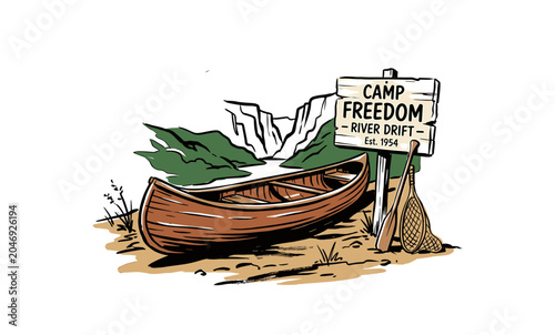 Vintage rustic canoe on riverbank with Camp Freedom wooden sign, retro hand-drawn graphic illustration for t-shirt design and adventure branding.