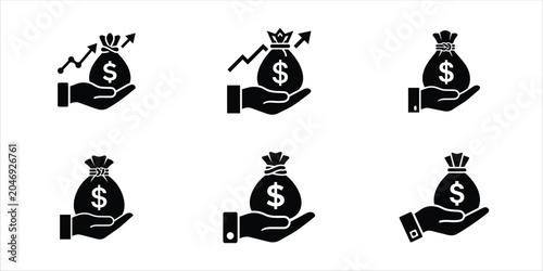 Hand holding money bag finance icon set with business investment commerce currency management financial