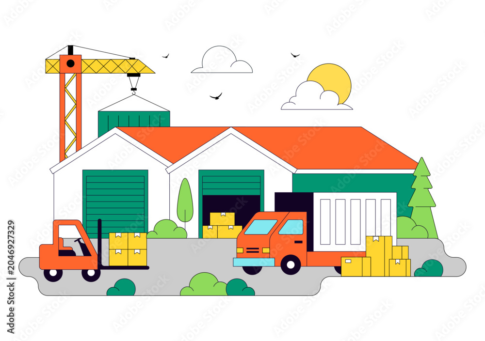 Naklejka premium Warehouse Illustration Featuring Logistics Distribution Center, Cargo Transportation, Freight Shipping, Storage Facility, and Supply Chain Operations