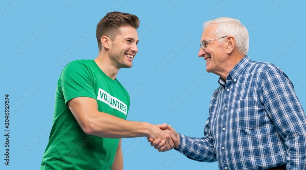 Fototapeta premium Volunteer visiting an elderly person for emotional support. Young man in green shirt shaking hands with senior male. Community service and charity concept on blue background