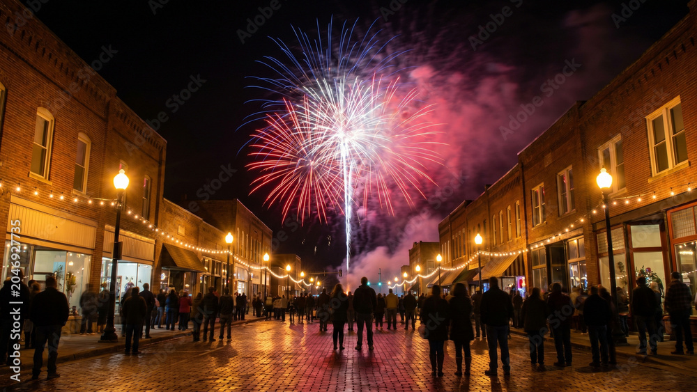 Obraz premium Independence Day Fireworks Over Festive City Street at Night
