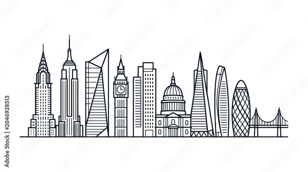 Fototapeta premium London Skyline Silhouette, Famous Landmarks, Line Art, Vector Illustration