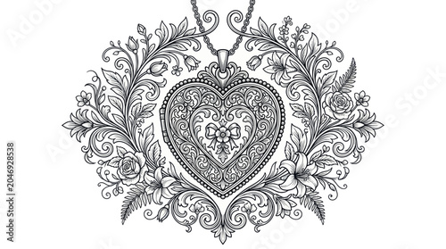 Obraz na plátně Vintage Heart Locket with Floral Ornament, Ornate Engraving Style