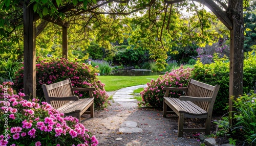Benches in a Lush Garden.