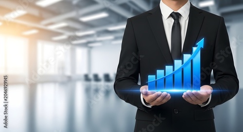 Business growth and revenue increase man holding financial chart concept