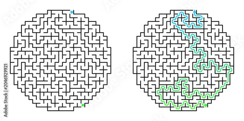 Cuadro en lienzo Circular maze design with solved path highlighted in green