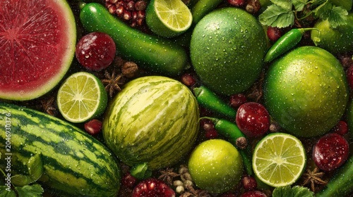 Assortment of vibrant fresh produce including melons, limes, and peppers arranged closely together