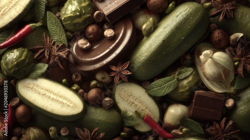 Assortment of fresh produce, spices, nuts, and dark confectionery arranged in a rich, overhead composition.
