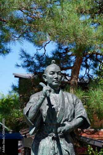 Bronze Samurai Statue in Traditional Japanese Garden Under Pine Tree Historic Warrior Sculpture