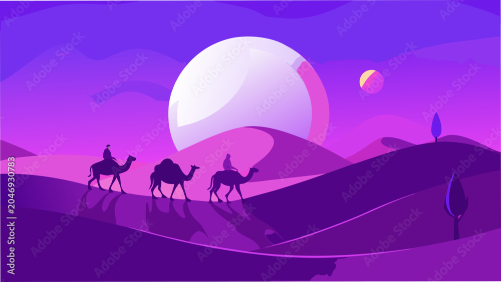 Naklejka premium A tranquil silhouette of camels under the glow of a full moon