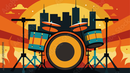 Konstfotografi A vibrant drum set illuminated against a fiery sunset backdrop