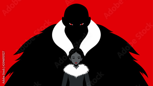 Fotografie A shadowy figure with a distinctive helmet against a bold red background