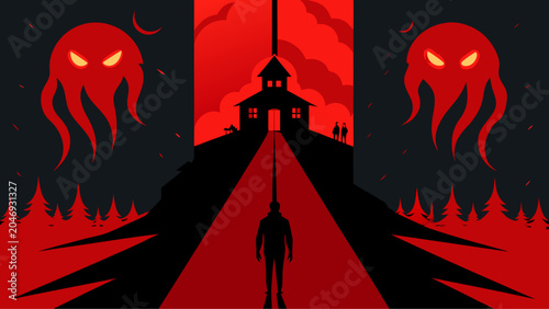 Schilderij op canvas A shadowy figure stands between two towering demonic guardians