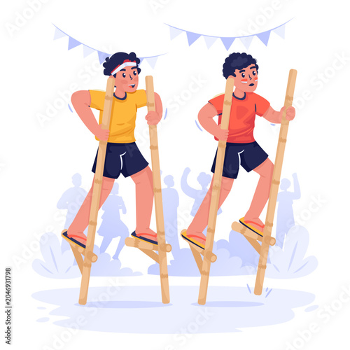 Traditional Stilt Race During Independence Day Celebration Vector Illustration