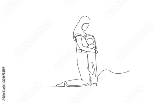Tableau sur toile An elegant continuous line drawing of human subjects featuring a kneeling Arabian mother wearing a hijab as she tenderly embraces her young daughter, isolated on a white background