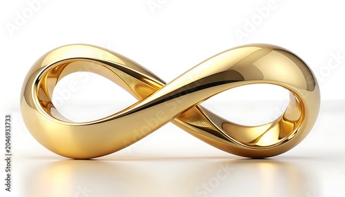 Golden infinity symbol on white surface with shiny reflection
