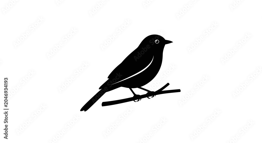 Fototapeta premium A black bird perches on a thin branch.
