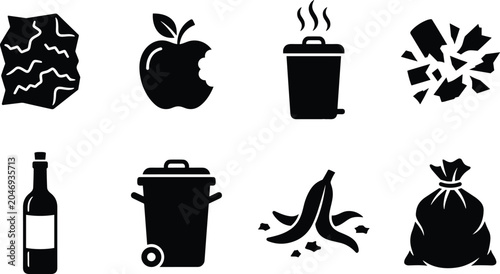 Waste management and recycling icon set featuring organic trash disposal litter pollution and environmental cleanup