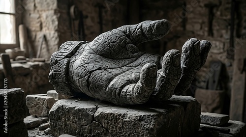 Ancient stone hand with runic carvings in a workshop