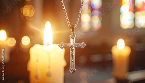 Close up of a silver crucifix pendant with burning candles in the background