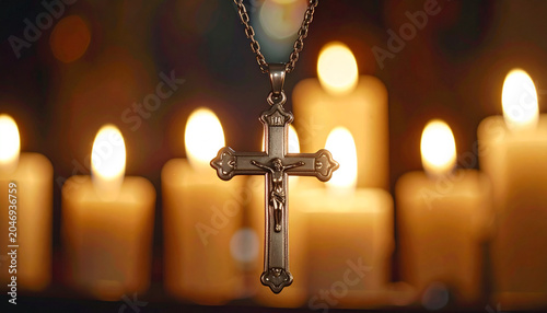 Close up of a silver crucifix pendant with illuminated candles background
