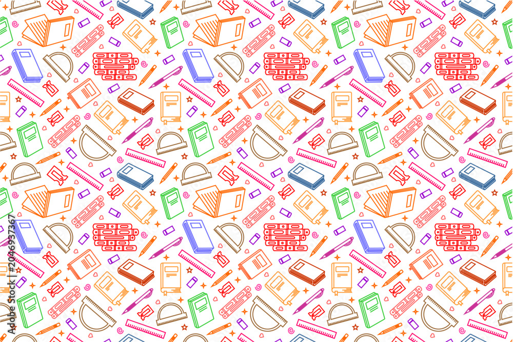 Fototapeta premium Colorful school supplies seamless pattern. School attributes seamless pattern. Student accessories repeat background. Back to school doodle banner. Education theme doodle pattern background