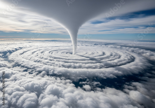 A massive tornado swirls above a sea of clouds from an aerial viewpoint