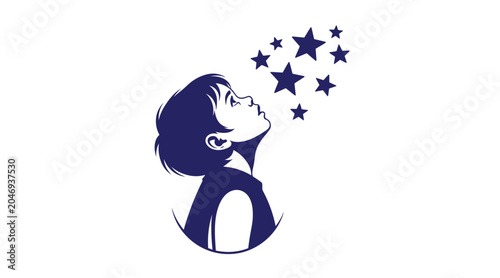 Little boy looking up at floating stars with dreaming imagination silhouette graphics childhood whimsical innocence starlight inspiration illustration creative minimalist character