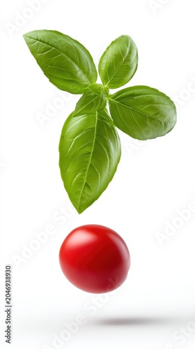 Fresh basil sprig and a red cherry tomato falling in the air