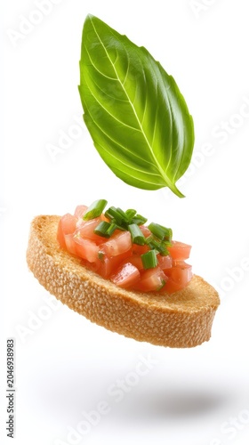 Fresh tomato bruschetta with a flying basil leaf isolated on white background