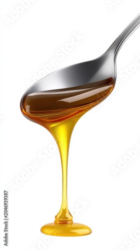 Golden honey pouring from a metal spoon on white background