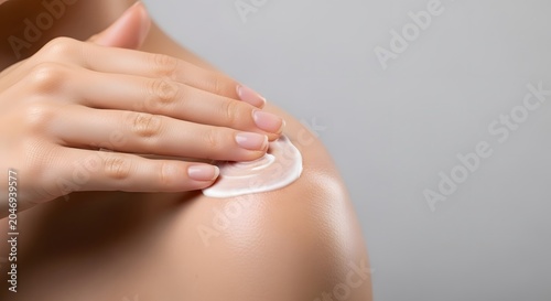 Woman applying moisturizing lotion on her shoulder for skincare