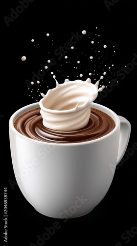 Milk splash in a cup of hot coffee or chocolate on black background