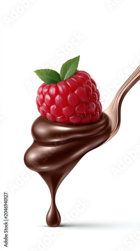 Fresh red raspberry on a spoon dripping with glossy dark chocolate