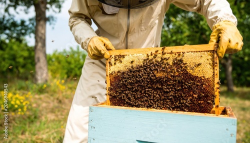 Beekeeper Inspecting Hive with Bees.