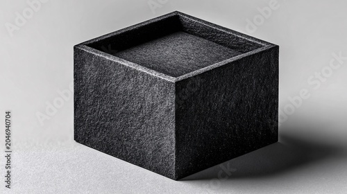 black granite cube sculpture with textured surface, modern artistic design, minimalist home decor