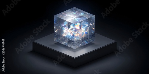 modern crystal cube art design with light refraction photography