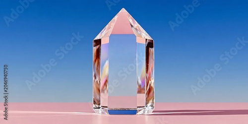 elegant pink geometric crystal sculpture against blue sky for modern art decor