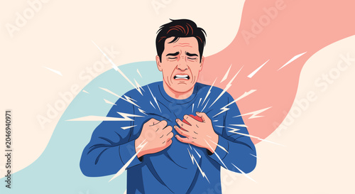 Man clutches his chest in agony and distress representing a sudden heart attack or severe chest pain in a medical emergency situation scene.