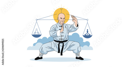 Disciplined martial artist performs a Tai Chi pose in front of a symbolic scale representing perfect mental and physical balance and harmony.