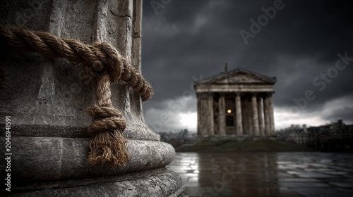 ancient greek temple ruins under stormy sky with knot rope close-up