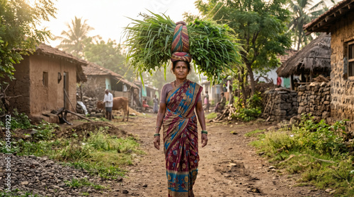 Indian woman carrying green fodder on her head through a rural village