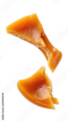 Two shards of shattered caramelized sugar isolated on white background
